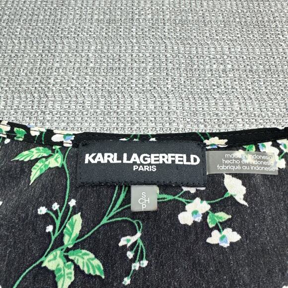 Karl Lagerfeld Top Womens Small Black Ditsy Floral Smocked Shirt Faux Button Up - Picture 2 of 11